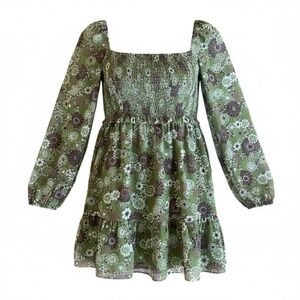 Aritzia Wilfred Green Floral Smocked Mini Dress Long Sleeve | Size XS